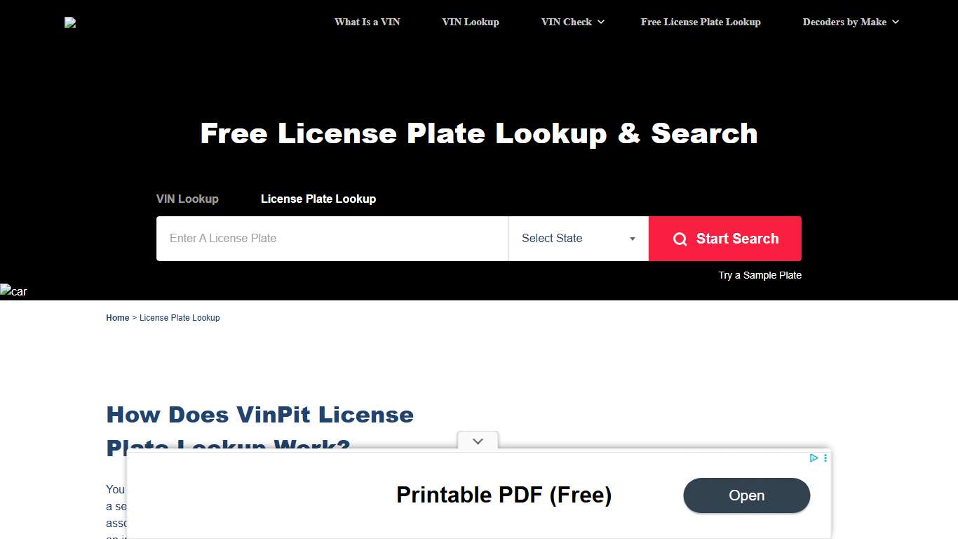 Free License Plate Lookup: Get Accidents & Recalls History | VinPit